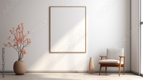 3D Mockup poster empty Blank Frame  hanging on an energetic abstract background with stones  dry fruits  a vase  and a chair  above a lively modern display room