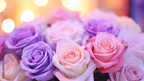 many purple and blue roses are arranged in a row  in the style of light pink and light beige  blurred and bokeh light style.
