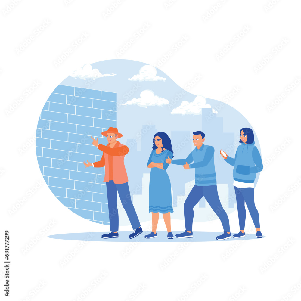 A group of tourists travels on an urban tour. The tour guide pointed to a local architect's building. Tourist Guide concept. trend modern vector flat illustration A group of tourists travels on an urban tour. The tour guide pointed to a local architect's building. Tourist Guide concept. trend modern vector flat illustration