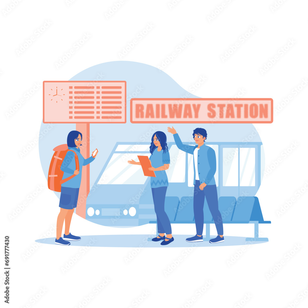 Diverse friends using local map navigation together on the train station platform. Take a local tourist trip by train. Tourist Guide concept. trend modern vector flat illustration Diverse friends using local map navigation together on the train station platform. Take a local tourist trip by train. Tourist Guide concept. trend modern vector flat illustration