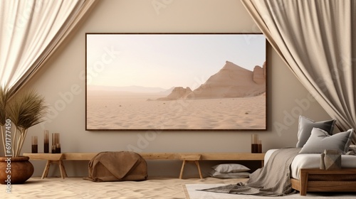 3D Mockup poster empty Blank Frame, hanging on a desert oasis wall, above a Bedouin traveler's tent-themed display room