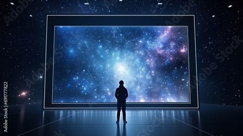 3D Mockup poster empty Blank Frame, hanging on a galaxy-themed wall, above a cosmic display room