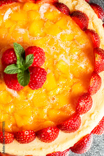 Melt in your mouth, rich and delicious fresh baked mascarpone cheesecake with summer fruits and mango jelly.