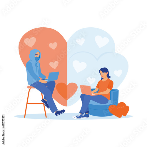 A young woman sitting on a sofa inside the house. Online dating with a fake boyfriend. Internet fraud concept. Online Dating concept. Trend Modern vector flat illustration
