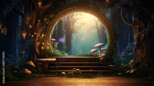 3D Mockup poster empty Blank Frame, hanging on an enchanted forest wall, above a fairy-tale-inspired display room photo