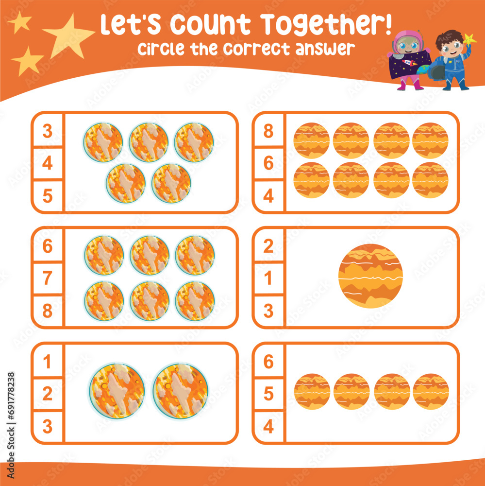 Let’s counting the planets together and circle the correct number on the page. Educational printable math worksheet. Math game for children with planets and solar systems theme. Vector illustration.