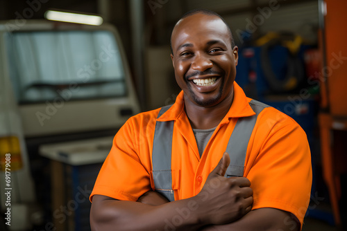 A garage owner looking happy 