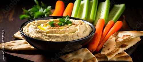 Nutritious hummus dip with pita bread and veggies