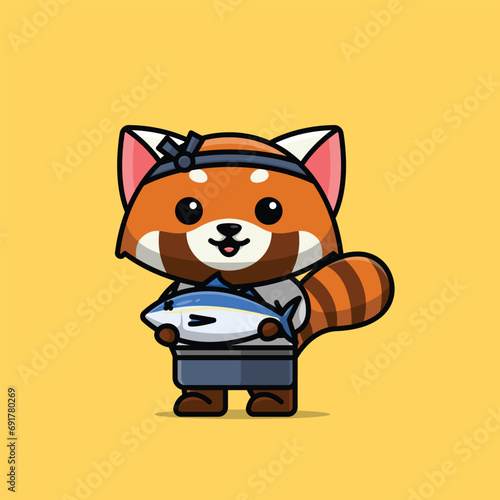 Cute fishmonger red panda cartoon vector illustration animal proffession concept icon isolated