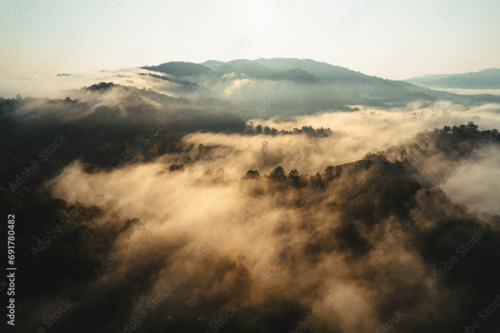 Fototapeta premium Foggy sunrise in the mountains in summer