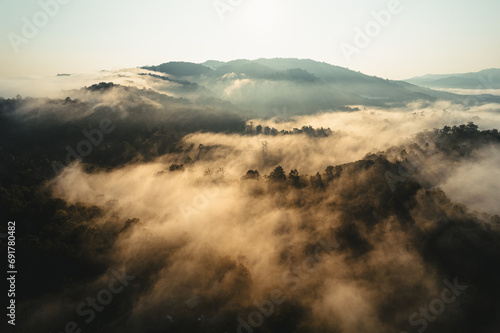 Foggy sunrise in the mountains in summer