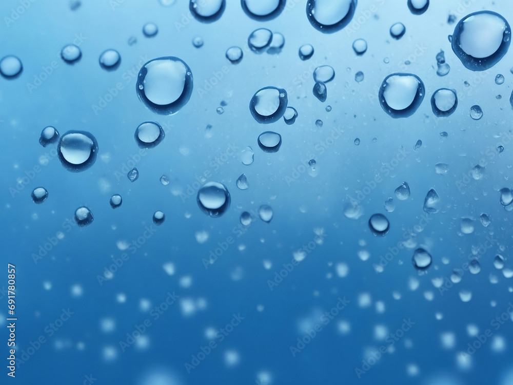close up, water drops on glass. raindrops on blue and blurred background. generative ai