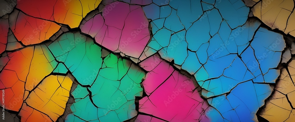Cracked paint on the wall. 3 d illustration - abstract colorful rainbow background. Best design for your ad, poster, flyer. Abstract texture background
