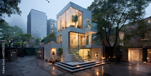 small modern house with white color in the city consist photo