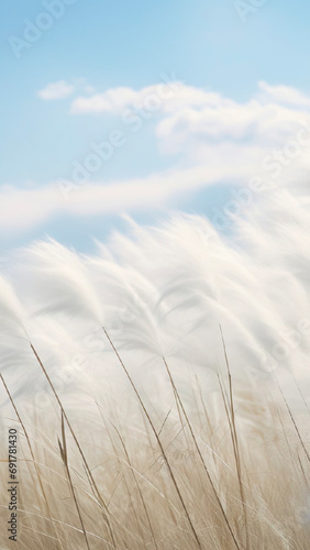 Dry reeds fluffy grass on a meadow in the sun. Abstract dry herbs background.