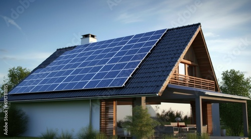 Solar panel cells system on roof, sustainable energy alternative