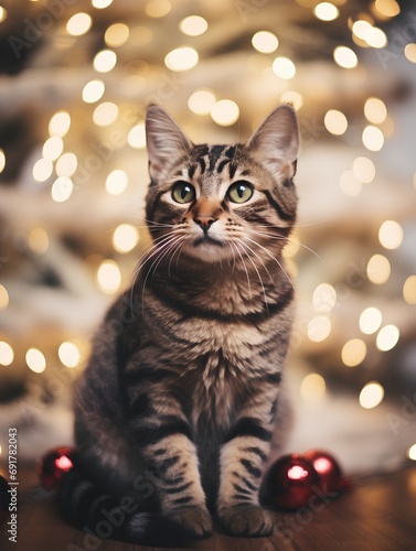 Portrait of cute cat with Christmas decoration