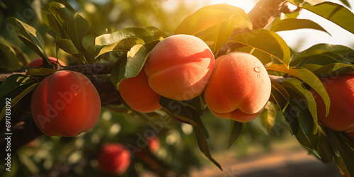 A peach tree with a green leaf in the background ,A peach tree is held up by a hand ,A peach tree with the word peaches on it ,Peaches In An Orchard Grown By Person Background  generative ai




