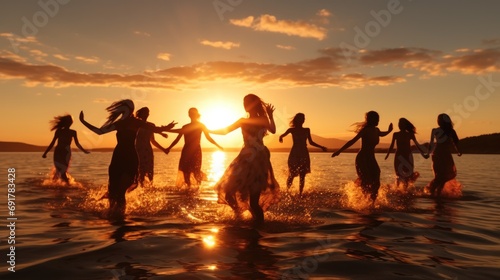 A group of friends dancing in the sea at sunset, Beach holidays travel concept. Generative AI.