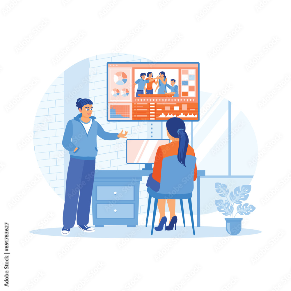 Male producer talking to female video editor in office. Working at the computer and editing videos with color correction of documentary videos. Video Editor concept. Male producer talking to female video editor in office. Working at the computer and editing videos with color correction of documentary videos. Video Editor concept.