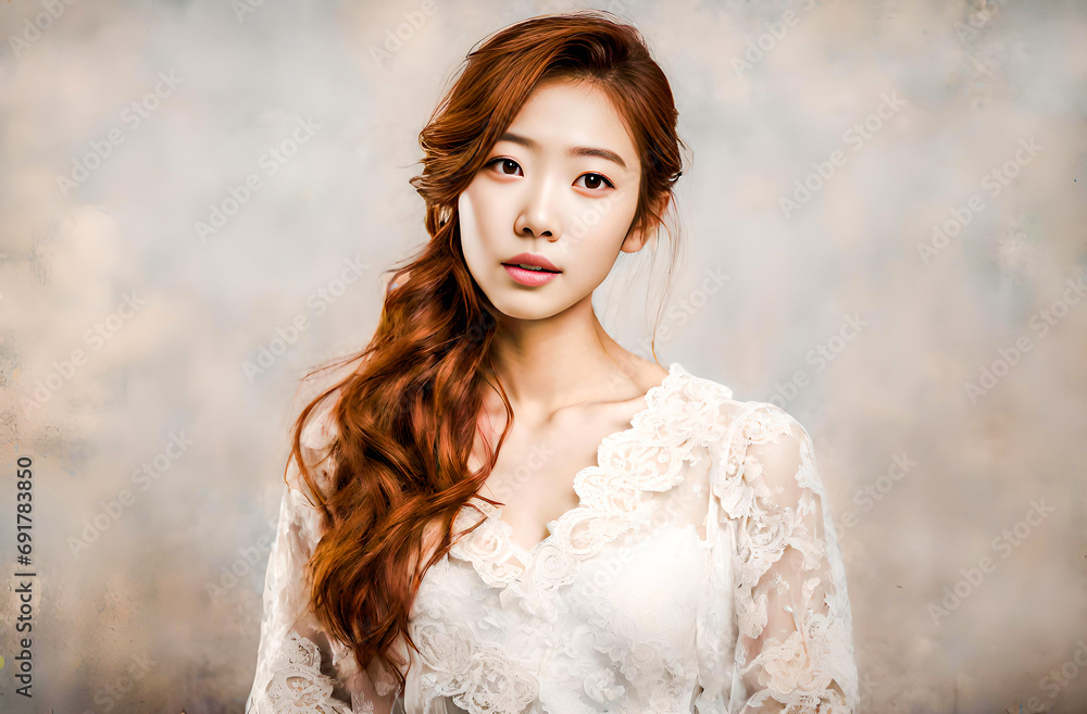 Asian woman model with long brown hair, Extreme close up beauty portrait of beautiful young chinese, japanese or korean model, japan girl on brown background ai generated Asian woman model with long brown hair, Extreme close up beauty portrait of beautiful young chinese, japanese or korean model, japan girl on brown background ai generated