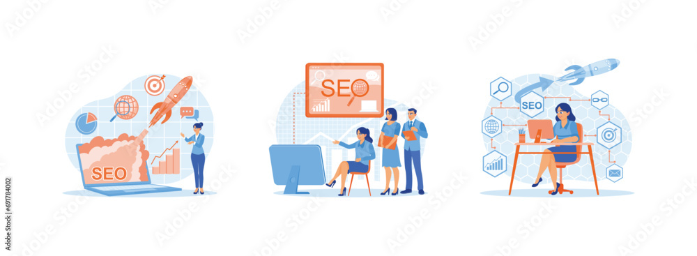 SEO concept. Startup project, successful business. Marketing team meeting in office. We are optimizing SEO Search Engine Optimization. Set Trend Modern vector flat illustration