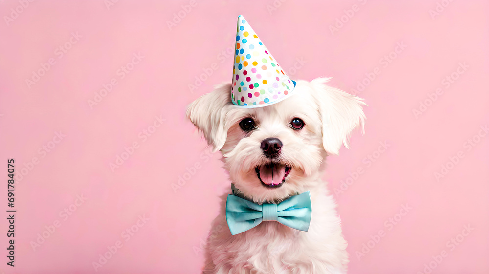 Cute maltese dog wearing party hat on pink background with copy space, Dog birthday party concept. Ai generated - obrazy, fototapety, plakaty 
