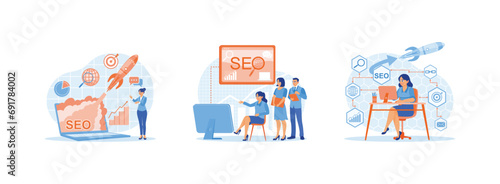 SEO concept. Startup project, successful business. Marketing team meeting in office. We are optimizing SEO Search Engine Optimization. Set Trend Modern vector flat illustration