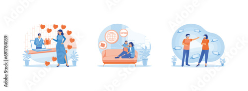 Virtual Relationships concept. Young couple having a virtual date. Mother and daughter watching a movie using a laptop. Young couple using virtual glasses. Set Trend Modern vector flat illustration