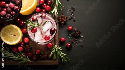 Christmas cocktail with cranberries and rosemary  Top view with copy space. Generative AI.