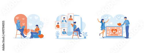 Online Dating concept. Online dating with a fake boyfriend. Open an online dating site. Young man giving heart symbol to his partner. Set Trend Modern vector flat illustration