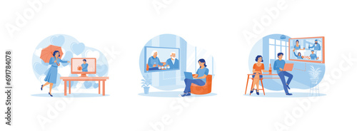 Virtual Relationships concept. Long-distance call with a partner. Call parents. Party via video call. Set Trend Modern vector flat illustration