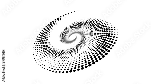 Dotted slanted spiral element. Radial spinning halftone texture. Circle swirl dots shape in perspective. Abstract background for poster, banner, logo, icon, collage, decoration, tag, emblem. Vector