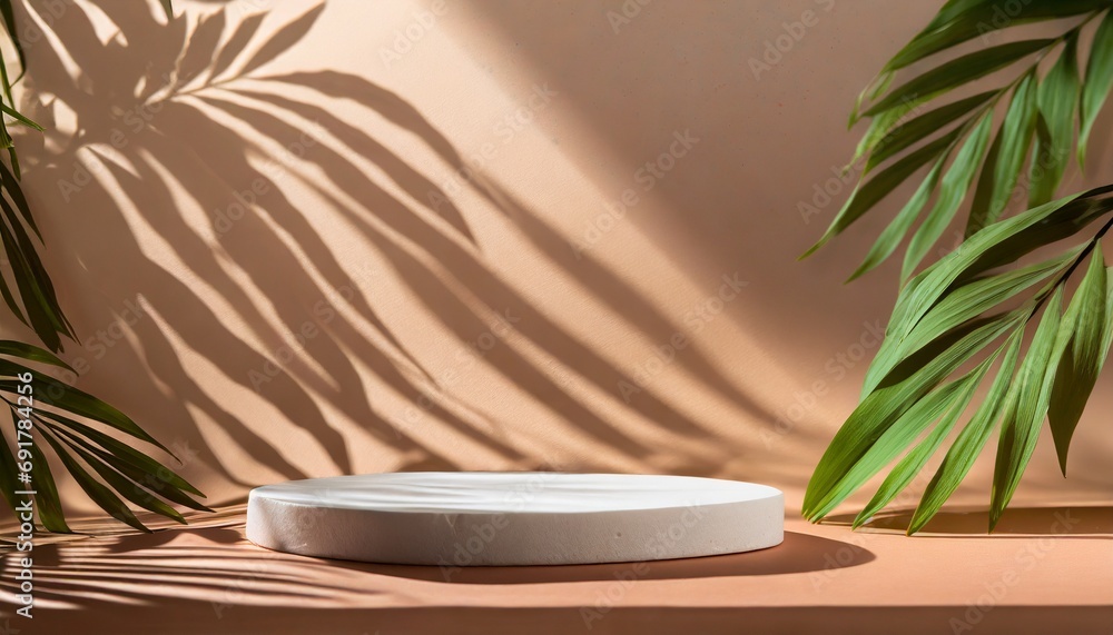Light and Shadow Play: A Podium and Foliage Shadow Create a Dramatic Product Showcase Light and Shadow Play: A Podium and Foliage Shadow Create a Dramatic Product Showcase