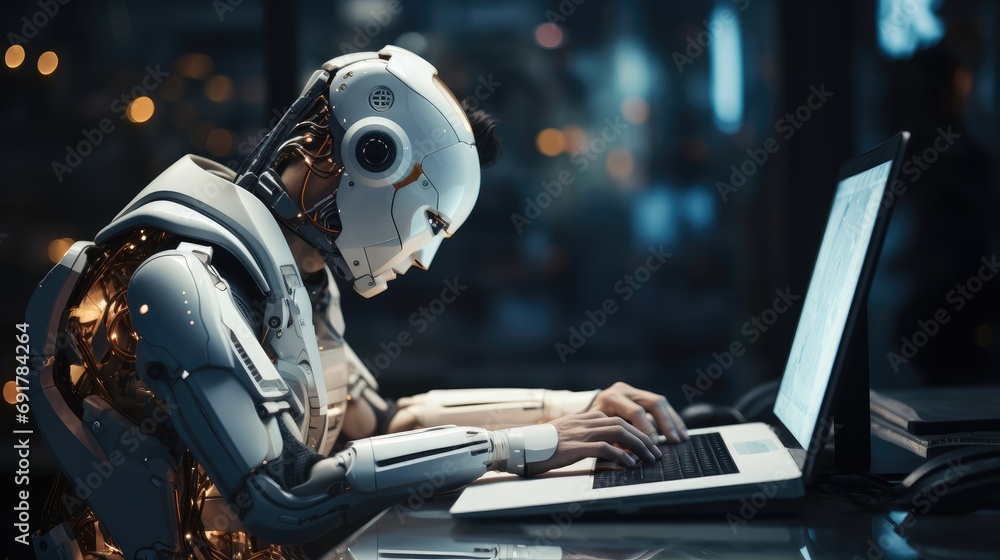 A robot writing on a computer. Generative AI. A robot writing on a computer. Generative AI.