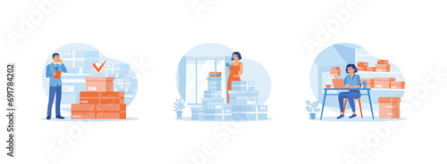 Order Confirmation concept. The businessman calls the supplier to confirm the order. The businesswoman is starting a business venture at home product reviews via streaming video. Set Trend Modern