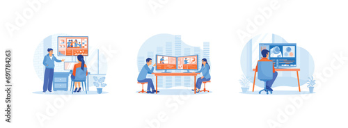 Video Editor concept. Edit videos with documentary video color correction. Creative people work in digital multimedia companies. Editing astronaut videos using software. 