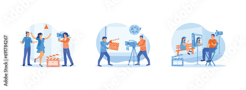 Film Production concept. The process of shooting a film indoors. Behind the scenes of filming in the studio. The film director sits in front of the monitor screen. 