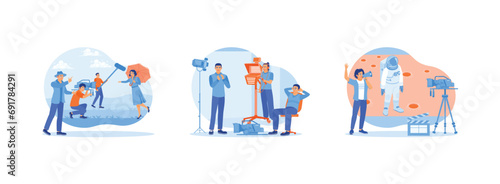 Film Production concept. Behind the scenes of the filmmaking process. Filming process in the studio. The cinematographer shoots scenes on Mars. Set Trend Modern vector flat illustration