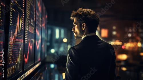 A man watching his company share increasing looking at stock exchanges trading charts. Generative AI.