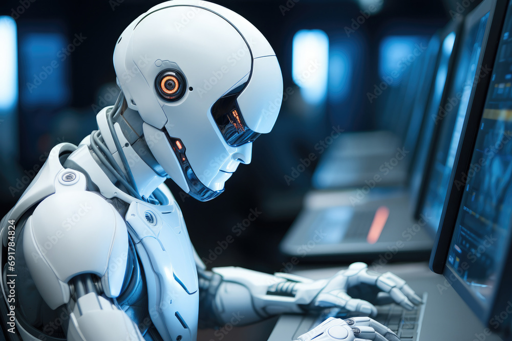 Robot working on pc. Generative AI. Robot working on pc. Generative AI.