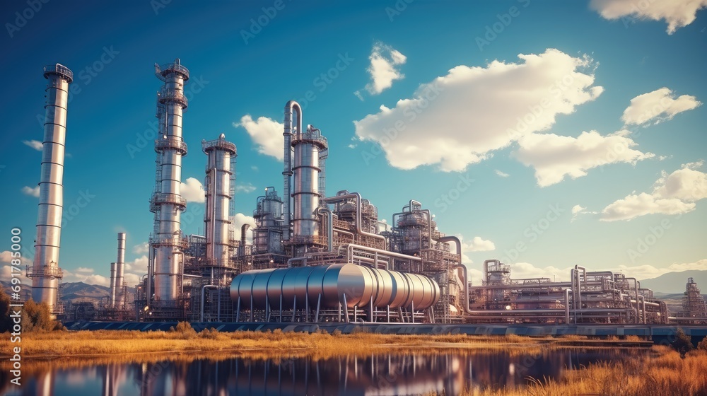 Factory of Large oil refinery pipeline and gas pipeline in the process of oil refining and the movement of oil and gas. Generative AI.