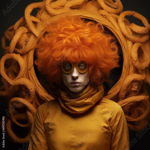 Futuristic, steampunk, apocalyptic style character with wild orange hair.  photo