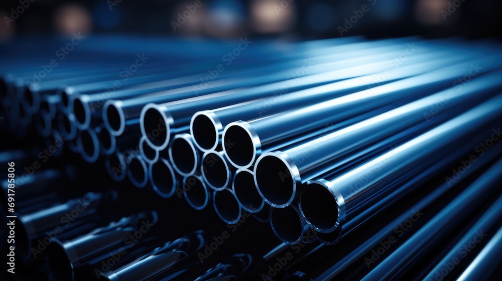 Several steel pipes in the style of dark silver and dark navy. Generative AI. Several steel pipes in the style of dark silver and dark navy. Generative AI.