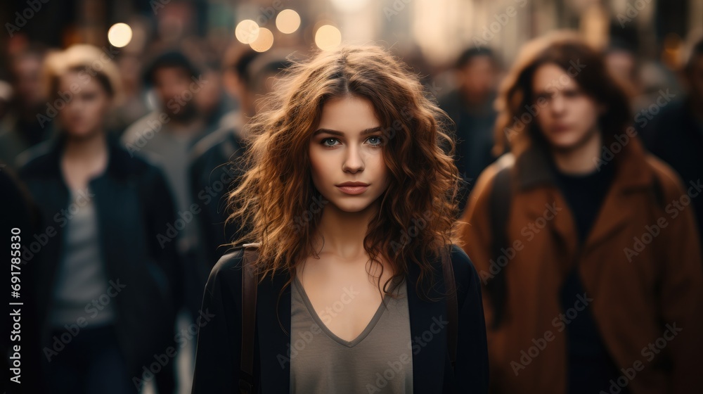 Woman standing in the background crowd at the street in the busy city. Generative AI. Woman standing in the background crowd at the street in the busy city. Generative AI.