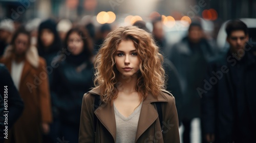 Woman standing in the background crowd at the street in the busy city. Generative AI.