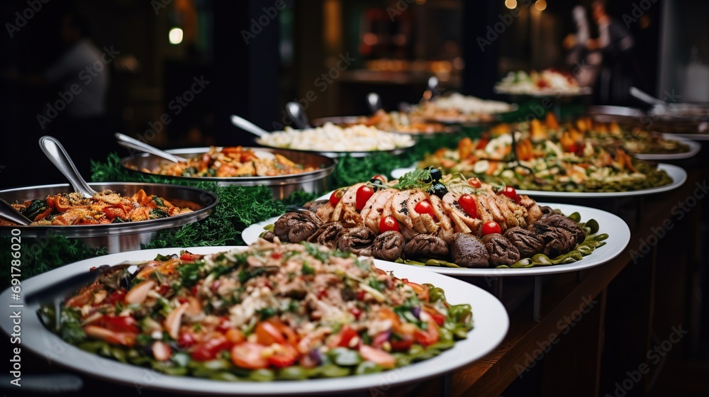 Catering buffet food in the restaurant. People group dinner, holiday and wedding party concept. Generative AI