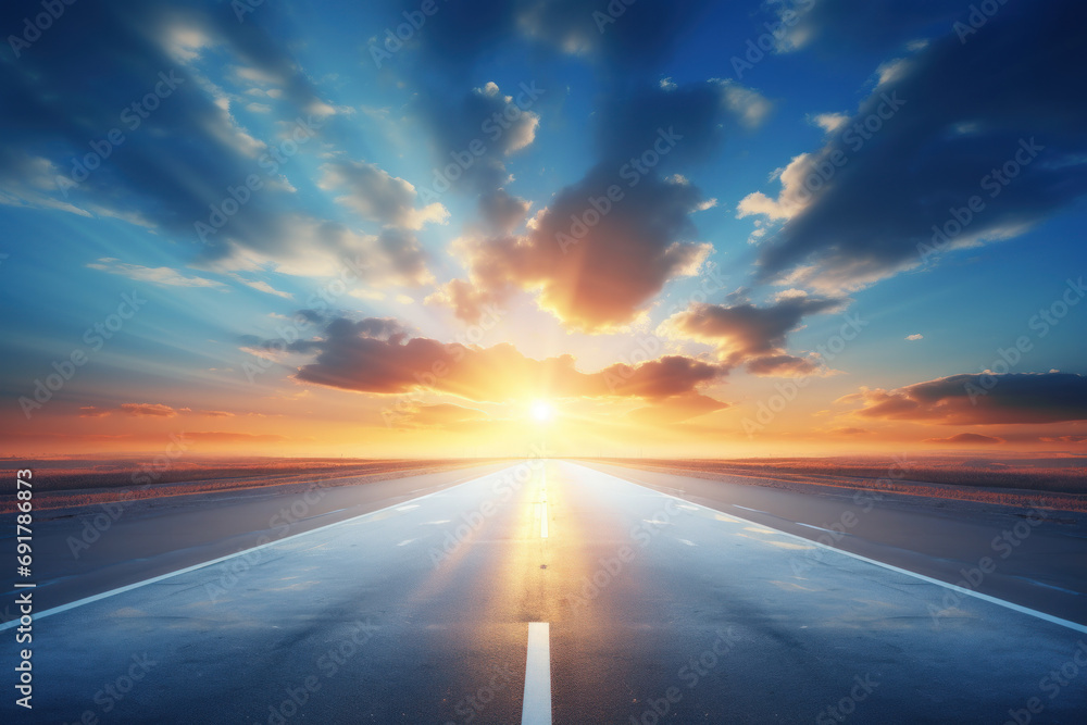 Empty road with beautiful sunset sky background. Travel vacation and freedom concept. Generative ai. Empty road with beautiful sunset sky background. Travel vacation and freedom concept. Generative ai.