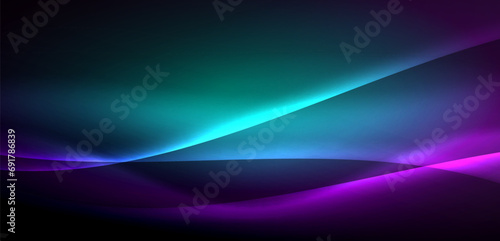 Dynamic waves in ethereal glow of neon lights. Concept merges fluidity of motion with vibrant allure of neon, crafting entrancing backdrop that embodies both vitality and futuristic sophistication