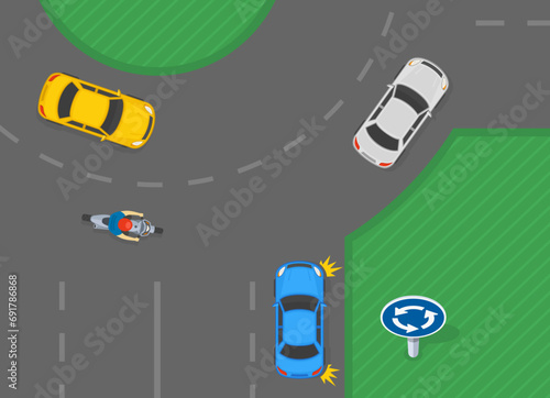 Safe driving tips and traffic regulation rules. Car approaching a traffic at an open roundabout. Top view. Flat vector illustration template.